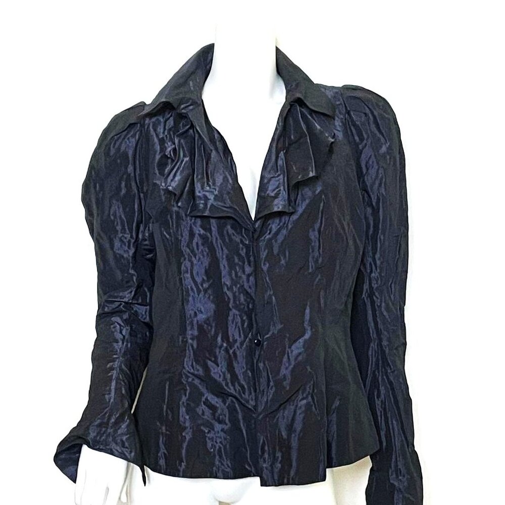Ralph Lauren Black Label Metallic Ruffle Collar Top Blouse Sz 12 Midnight Blue